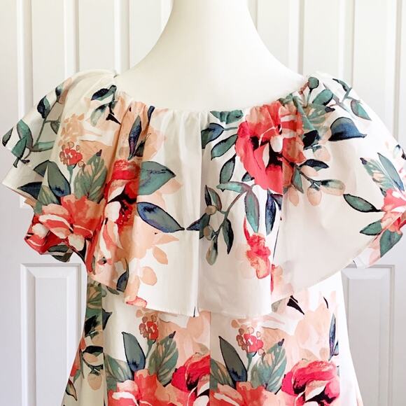 Adrienne Dress Tropical Floral On Off Shoulder Ruffle Neckline Sleeveless Small - Picture 7 of 15